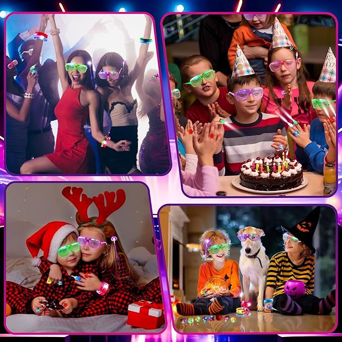 64 Pack Glow in the Dark Party Supplies, Light Up Toys Birthday Christmas Party Favors, 40 Finger Flashing, 8 Jelly Ring, 4 Flashing Glasses, 8 LED Bracelet, 4 Fiber Optic Hair Light