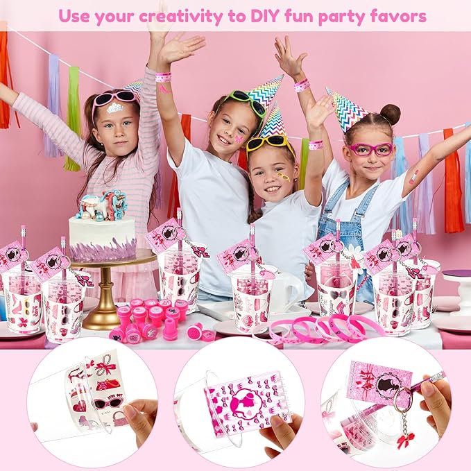 Colarr 161 Pcs Hot Pink Princess Party Favors School Stationery Set Includes Gift Cup Notebook Pencil Sharpener Eraser Keychain Stamp Slap Bracelet Sticker Card Valentine's Day Gift for Child Supplies