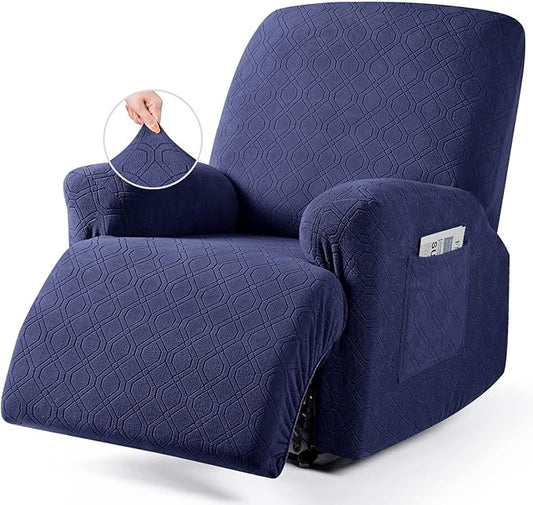 VANSOFY Oversized Recliner Chair Cover, 4-Pieces Stretch Recliner Covers for Recliner Chair Soft Reclining Chair Slipcover Jacquard Pattern Furniture Protector for Dogs Cats(Navy Blue)