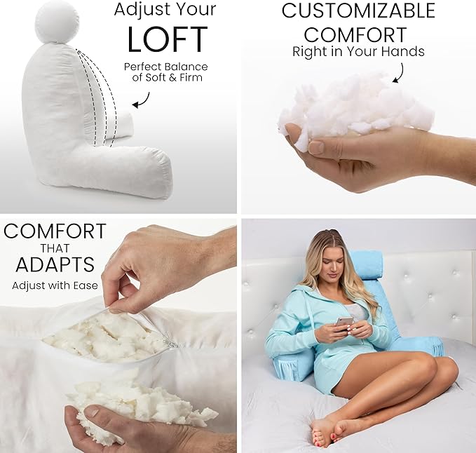 Husband Pillow Medium Sky Blue, Backrest for Kids, Teens, Petite Adults - Reading Pillows with Arms, Adjustable Loft, Plush Memory Foam, Bed Rest Chair Sitting Up, Detach Neck Roll, Removable Cover