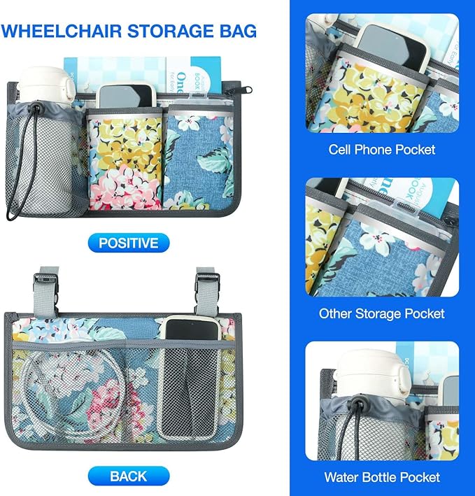 Wheelchair Bag, Walker Bag, Wheelchair Side Bag, Armrest Organizer Pouch with Cup Holder Attachment and Reflective Strip, Accessories for Most Wheelchairs, Walker, Rollators, Blue Flowers