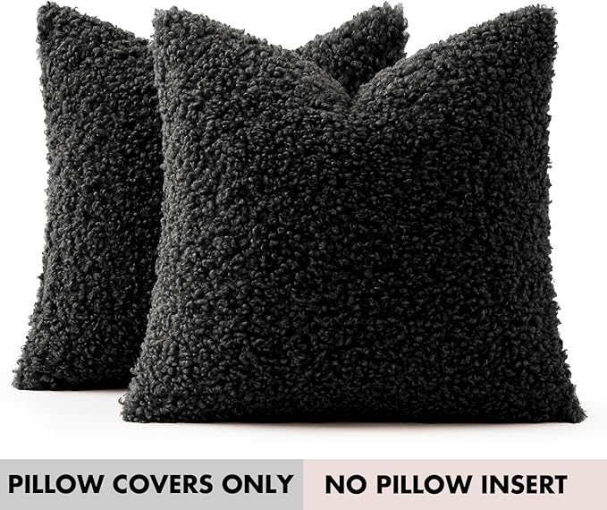 Woaboy Faux Fur Throw Pillow Covers 20x20 Inch Set of 2 Boucle Neutral Decorative Sherpa Fuzzy Accent Soft Sheepskin Fleece Cushions Modern Home Decor for Couch Sofa Bedroom Living Room,Black