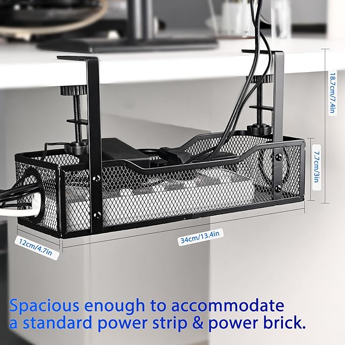 Under Desk Cable Management Tray Small – Clamp-Mounted Wire Organizer & Cord Management Under Desk Holder, No-Drill Metal Cable Tray for Home Office (Black)
