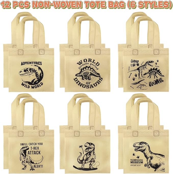Golray 48Pcs Dinosaur Party Favors Dino Tote Non-woven Bags Dinosaur Keychain Slap Bracelets Glow In Dark Tattoos for Boy Kids Dinosaur Themed Birthday Party Supplies Treat Gift Goodie Bag Fillers