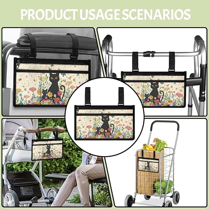 ZOUTAIRONG Wheelchair Bag wiht Cup Holder for Adults Walker Bags and Pouches Wheelchair Bags to Hang on Side Power, Black Cats Flowers