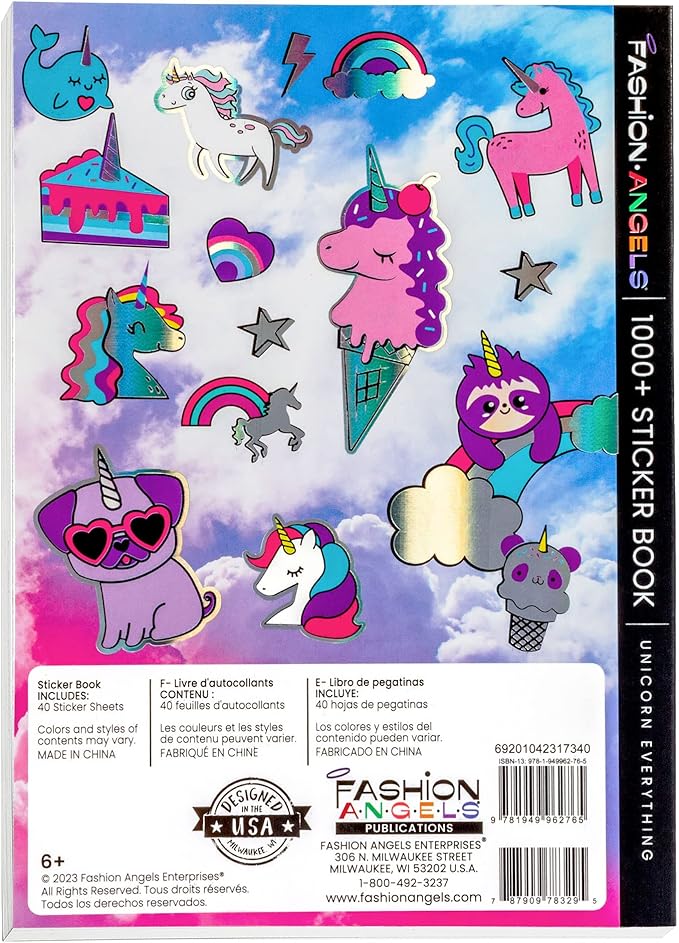 Fashion Angels Unicorn Sticker Book - 1000+ Magical Stickers for Girls - Unicorn Party Favors - Kawaii Unicron Stickers for Laptops, Water Bottles, Scrap Books - Ages 6 and Up