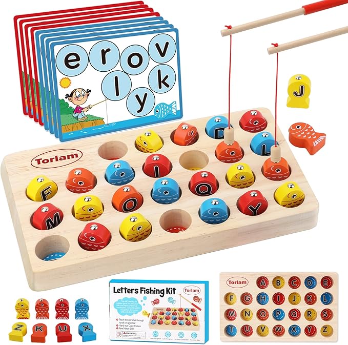 Torlam Magnetic Wooden Fishing Game Toy for Toddlers, Fine Motor Skill Toy ABC Alphabet Learning for Toddlers, Montessori Letters Cognition Preschool with 2 Pole and 8 Activity Cards