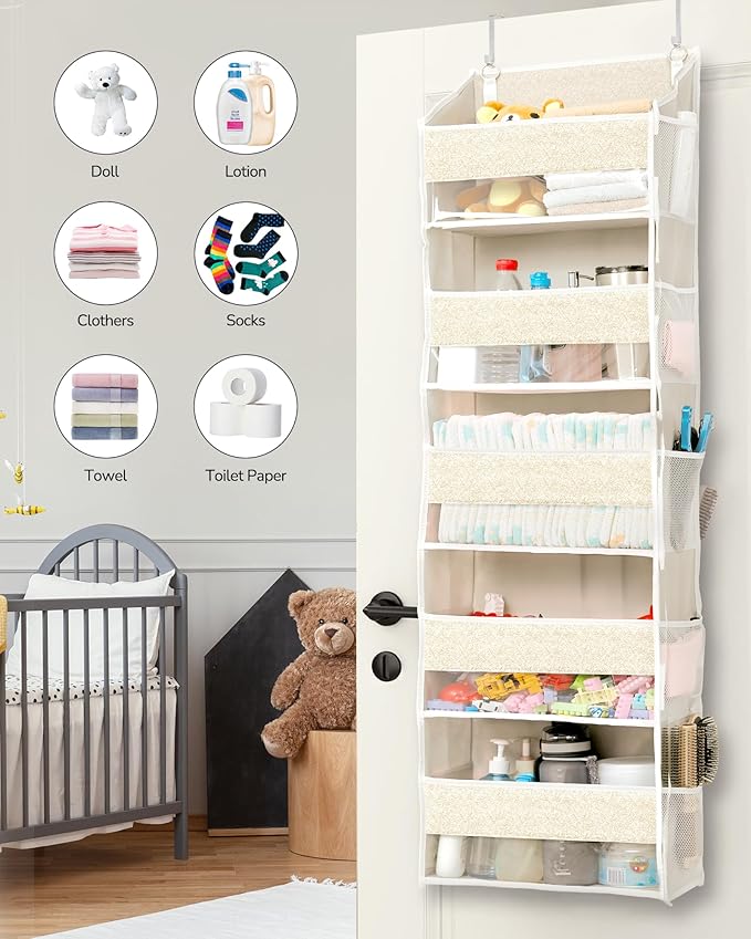 ULG 1 Pack Over Door Organizer with 5 Large Pockets 10 Mesh Side Pockets, Upgraded Linen Texture Over The Door Storage, 44 lbs Weight Capacity Hanging Storage Organizer, Ivory