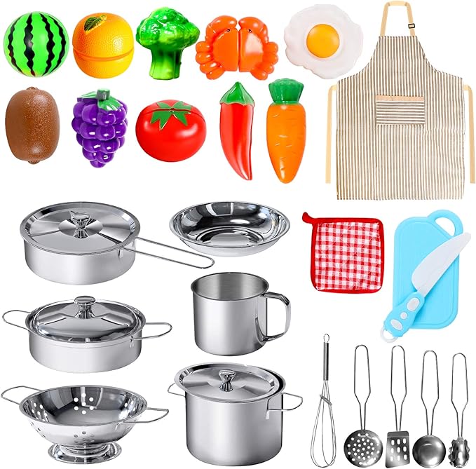 28Pcs Pretend Play Kitchen Toys, Kitchen Playset Cooking Toys Set with Stainless Steel Cookware and Accessories for Kids Toddlers Girls Boys