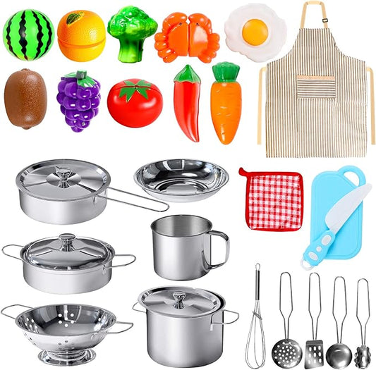 28Pcs Pretend Play Kitchen Toys, Kitchen Playset Cooking Toys Set with Stainless Steel Cookware and Accessories for Kids Toddlers Girls Boys