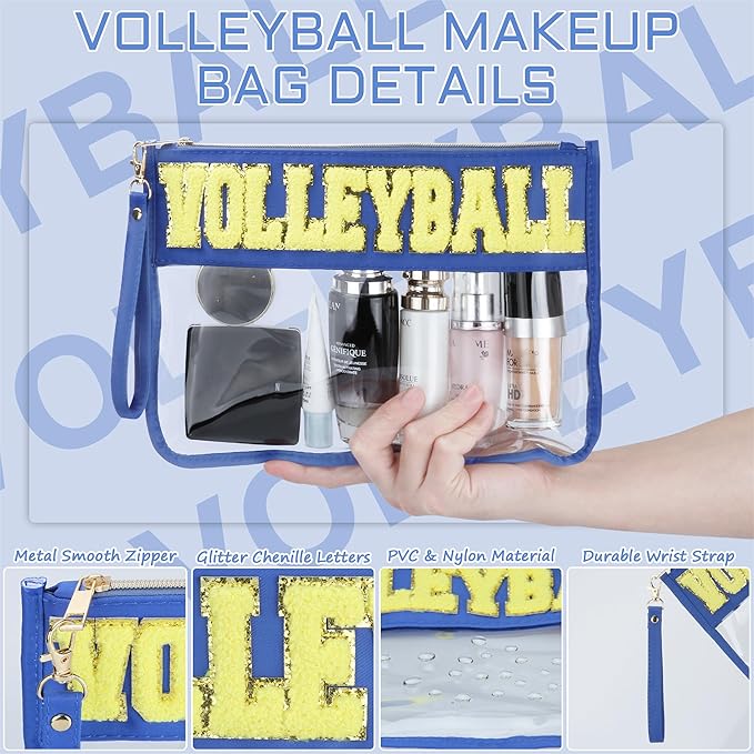BuyCard 2 Pcs Volleyball Gifts Cosmetic Makeup Bag with Chenille Letter Patch, Clear Pouch PVC Organizer Purse, Waterproof Travel Bag, Portable Toiletry Storage Bag for Her Girls Friends Women
