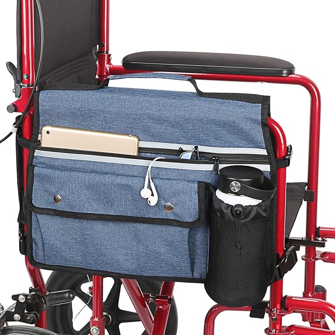 Wheelchair Storage Bag, Double-Sided Armrest Pouch with Cup Holder and Reflective Strip, for Wheelchairs and Walkers (Blue)