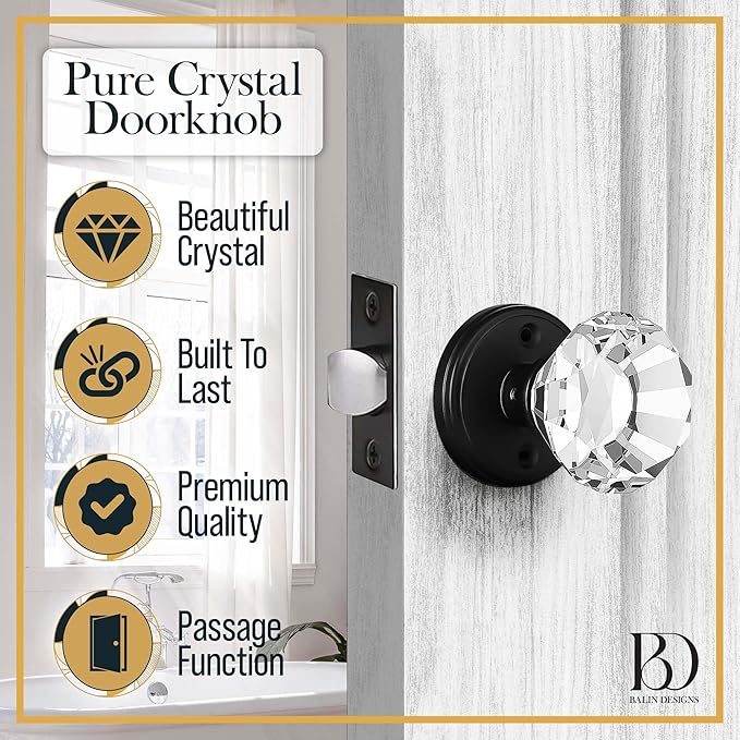 Clear Crystal Door Knob, Glass Door Knobs Interior Non-Locking Set, Antique Decorative Vintage Style for Hallway, Closet, Passage Doors, 2 Pack