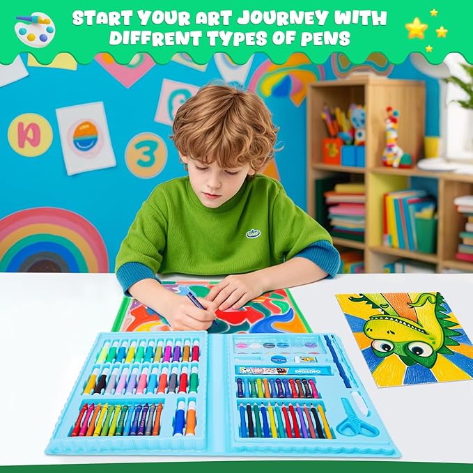 homicozy Art Supplies, Dinosaur Drawing & Coloring Set with Crayons, Colored Pencils, Markers, Sketchbook, Watercolor Cakes, Stencils, Arts and Crafts Painting Kit for Kids Ages 4-10, Girls Boys Gift