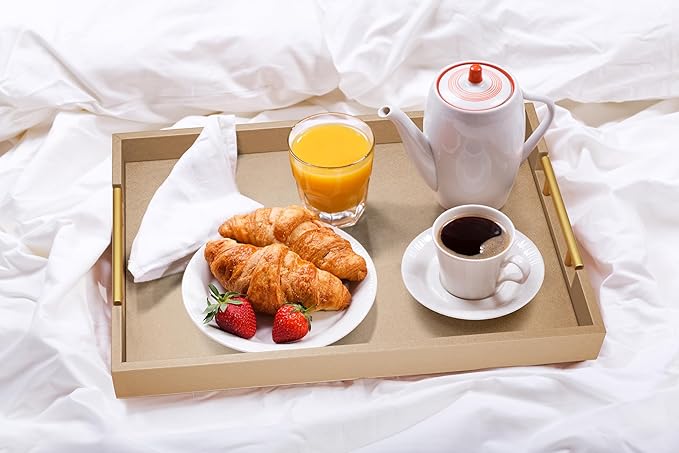 ATZYmolin 17" x 12" Wood Serving Tray with Gold Polished Metal Handles, Home Decorative Wooden Rectangle Ottoman Leather Decor Platter Bathroom Vanity Tray for All Occasions Khaki