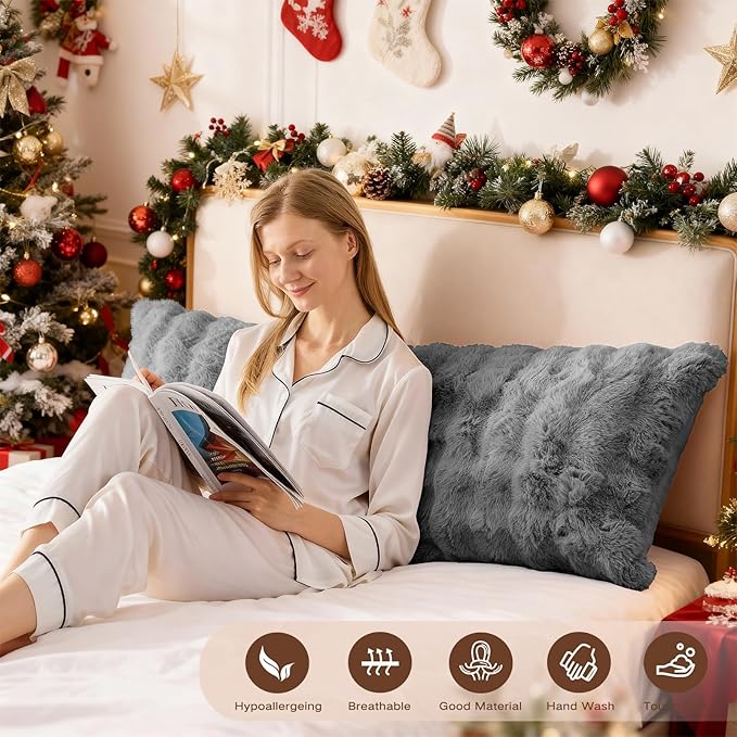 YZ HOME Faux Fur Fluffy Body Pillow for Adults - Firm Body Pillow Insert with Shredded Blue Memory Foam, Adjustable Height, Soft Support for Side Sleepers, Pregnant Women, Washable, 20x54 Inch (Grey)