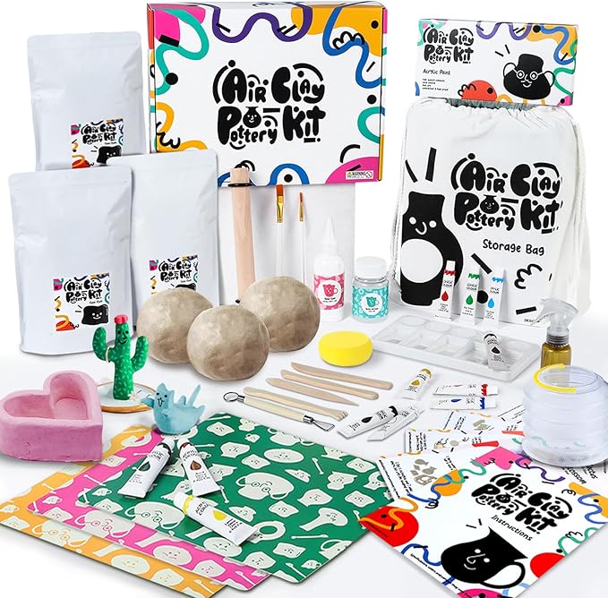 FosterToys™ Air Dry Clay Pottery Kit for Beginners | DIY Clay Kit for Adults, Sculpting Tools Set & Step-by-Step Guide, 12 Paints, Paintbrush, Varnish, Sponge, Kids Teen Party Birthday Holiday Gift