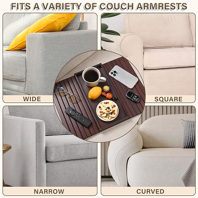 Bamboo Sofa Arm Tray, Anti-Dropping Couch Arm Tray, Foldable Sofa Armrest Tray Couch Arm Table for Eats, Drinks, Snacks, Remote, Cellphone, Cup Holder, Back Anti-Slip Pad Design