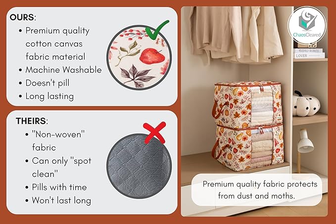 Canvas Storage Bags Designer Organizer 2 Pack – Seasonal Storage for Sweaters, Blankets, Linens & Garments – Foldable Design with Zip & Window, Moth-Proof Space Saver, Autumn Print