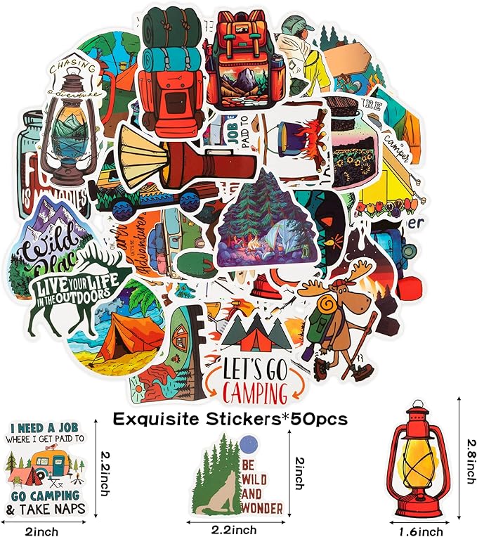 ANGOLIO 84Pcs Spring Camping Party Favors Kit Happy Camper Party Gifts Silicone Bracelets Stickers Keychains Badges for Kids Friends Summer School Camping Adventure Birthday Supplies