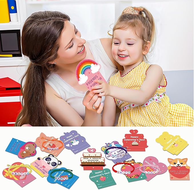 32Pack Valentines Day Gifts for Kids Classroom, Valentines Cards with Friendship Bracelets Goodie Bag, Girls Boys Students Valentine Greeting Cards Bracelets School Prizes Exchange Gifts Party Favors