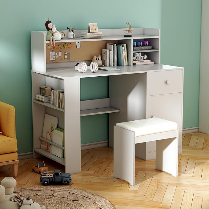 JMMD Kids Desk and Chair Set with Hutch, Wooden Student's Study Desk with Storage Cabinet and Drawer, Children Computer Writing Table for Girls Boys 8-12 Years, White