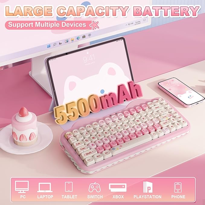 YUNZII C75 Wireless Mechanical Keyboard,75% Layout, Hot-Swappable NKRO,BT5.0/2.4G/USB-C Mode,Dye-Sub PBT MOA Keycaps,RGB Gasket Mount,Cute Cake Design for Mac/Win/Gaming (Pink, Candy Switch)