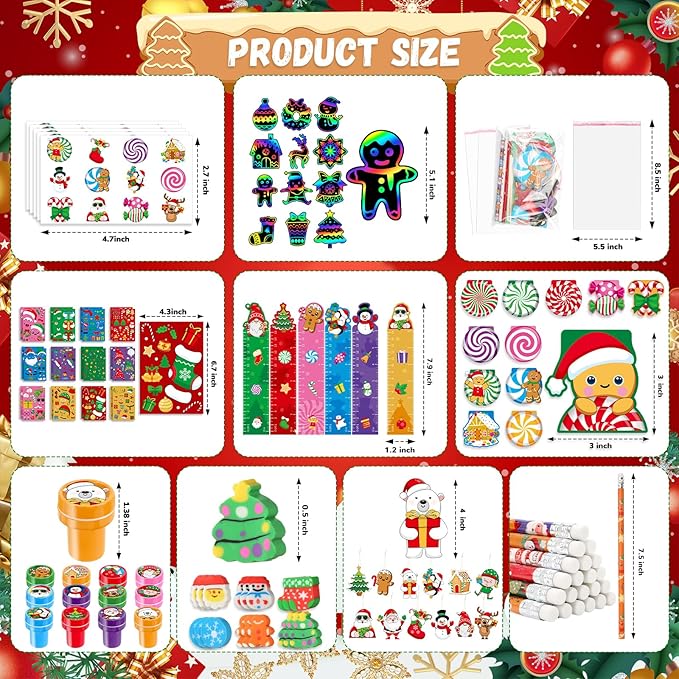 BenLouis Christmas School Stationery Set Party Favors Xmas Classroom Gift Prizes Bulk for Students Kids Holiday Stockings Pinata Filler Christmas School Goodie Bag Stuffers Decor（12set Gingerbread）