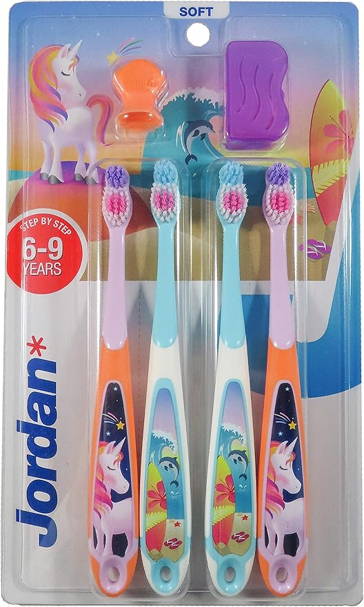 Jordan* Step 3 Kids Toothbrush, 6-9 Years, Soft Bristles, BPA Free - 4 Pack - Blue & Pink