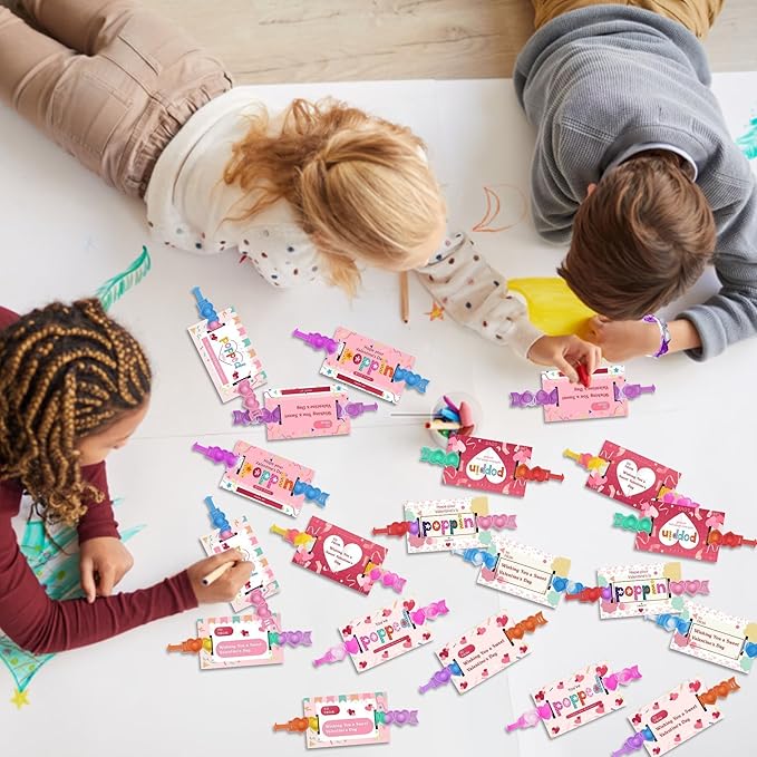 30 Pcs Valentine's Day Pop Bracelets Toys with Cards Heart Pop Bracelets Bubble for Kids School Classroom Prizes, Valentine's School Class Exchange Cards and Kids Party Favors