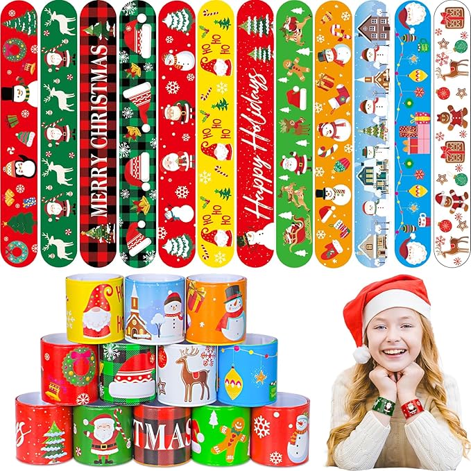 48 Pcs Christmas Slap Bracelets, Christmas Decorations, 12 Styles for Christmas Party Favors Christmas Stocking Stuffers