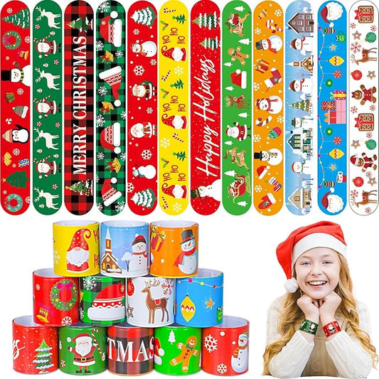 48 Pcs Christmas Slap Bracelets, Christmas Decorations, 12 Styles for Christmas Party Favors Christmas Stocking Stuffers
