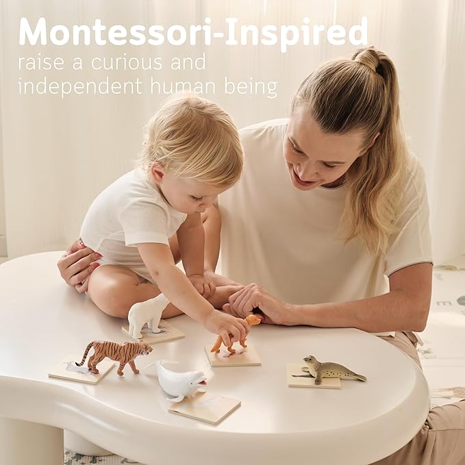 Fortella Montessori Toys for 1 Year Old, 6-in-1 Wooden Learning Educational Box Set with Ball Pounding Bench, Xylophone, Stacking Ring, Animal Figurines, Matching Cards, Developmental Toy Baby Gift