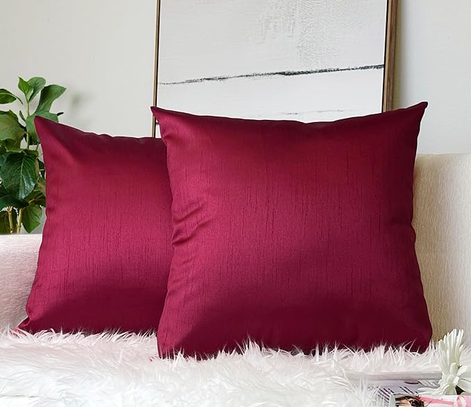 Aiking Home 18x18 Inches Faux Silk Square Throw Pillow Cover, Zipper Closure, Burgundy (Set of 2)