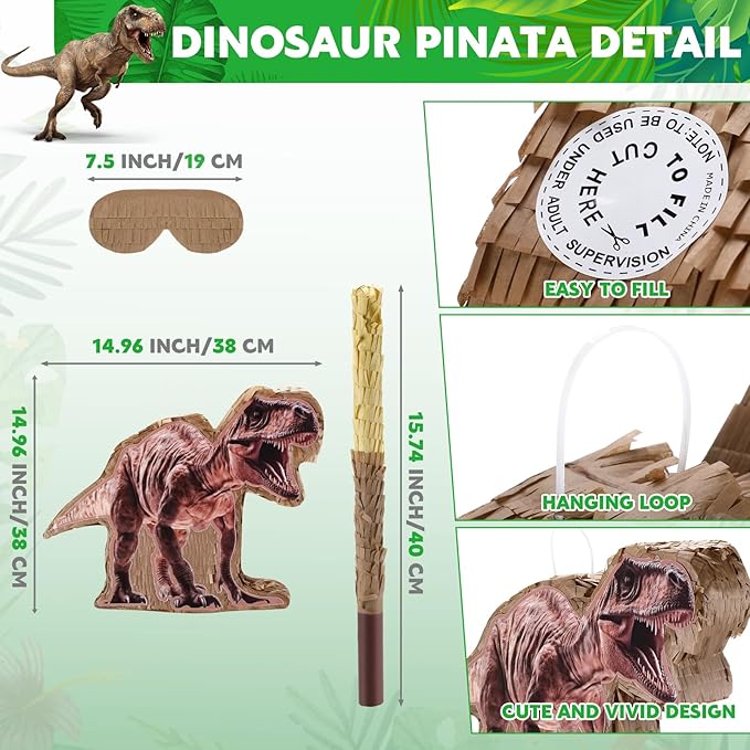 123 Pcs Dinosaur Piñata Set for Birthday Party 15 x 12 x 3'' Dinosaur Piñata with Blindfold Bat Confetti Slap Bracelet Keychain Stamps Sticker Rings Gift Bag for Kids Jungle Party Game Decor