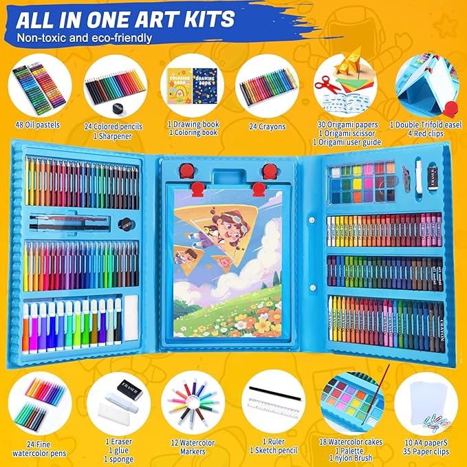 All in One Art Supplies, Art Kit Includes Easel, Origami Paper, Colored Pencils, Crayons, Drawing Book, Coloring Book, Watercolor Pens, Markers and Oil Pastels, Gifts for Girls Boys Teens, Blue