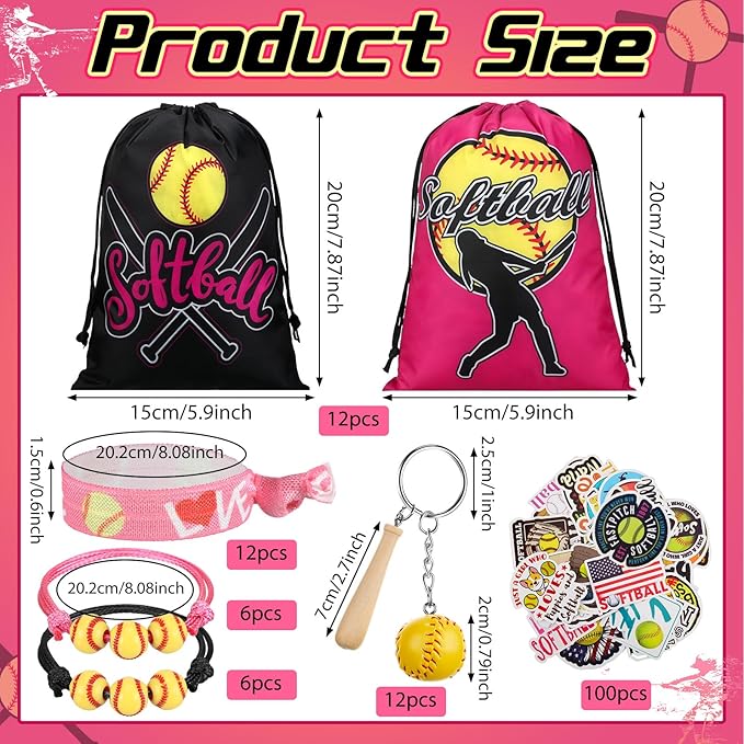 Jenaai 148 Pcs Softball Party Favors Include Softball Drawstring Bags Softball Charm Bracelets Softball Keychain Softball Hair Ties Softball Stickers, Softball Gifts for Women Birthday(Stylish)