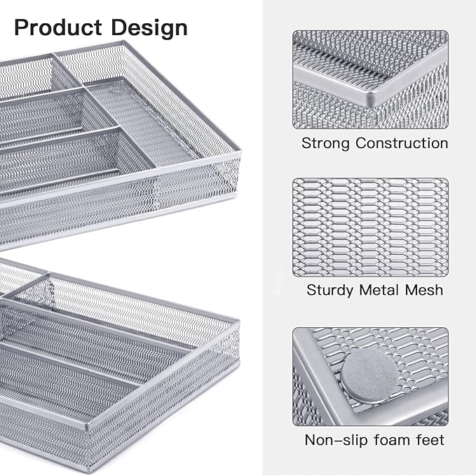 Neudeco Drawer Organizer Set 5 Pack - 4-Compartment Silverware Organizer Tray + 4 Utensil Trays, Kitchen Drawer Organizer for Flatware, Cutlery, Office Supplies, Silver Mesh, Non-Slip,Silver