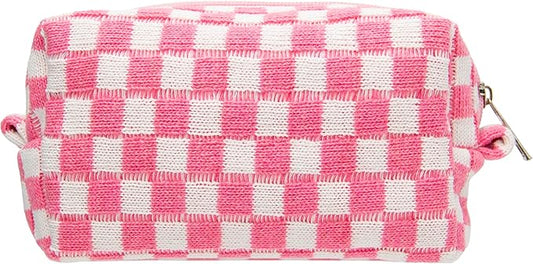 Checkered Makeup Bag for Purse Portable Zipper Make Up Pouch Small Cosmetic Case for Travel Accessories Pink White