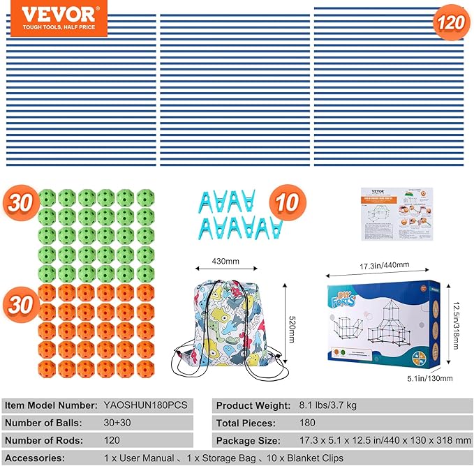 VEVOR Fort Building Kit for Kids, 180PCS STEM Building Toys, Educational Gift for 4 5 6 7 8+ Year Old Boys & Girls, Indoor Outdoor Play Tent Builder Set Construction Toys with 120 Rods and 60 Balls