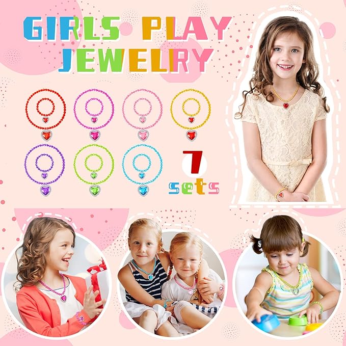 7 Sets Girl Dress up Jewelry Toddler Jewelry Princess Bracelet Necklaces Kids Costume Jewelry Set for Girl Tea Costume Party
