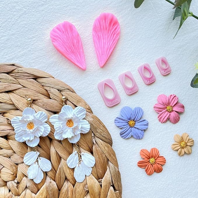 Keoker Flower Petal Clay Cutters - Polymer Clay Cutters for Earrings Making, 4 Shapes with Polymer Clay Petal Press Mold, Clay Cutters for Polymer Clay Jewelry (B)