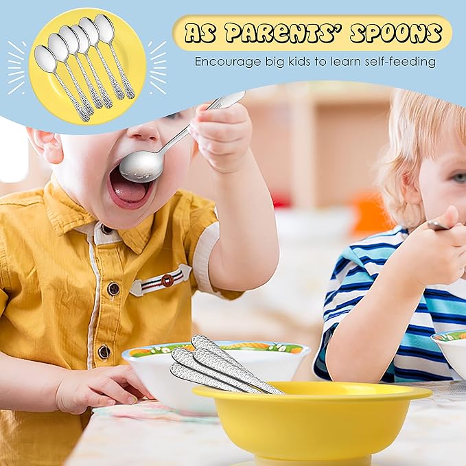 E-far Stainless Steel Kids Spoons, 6-Piece Toddlers Spoons Safe for Preschooler/Children, Hammered Adult look & Small Size, Rust Free & Dishwasher Safe