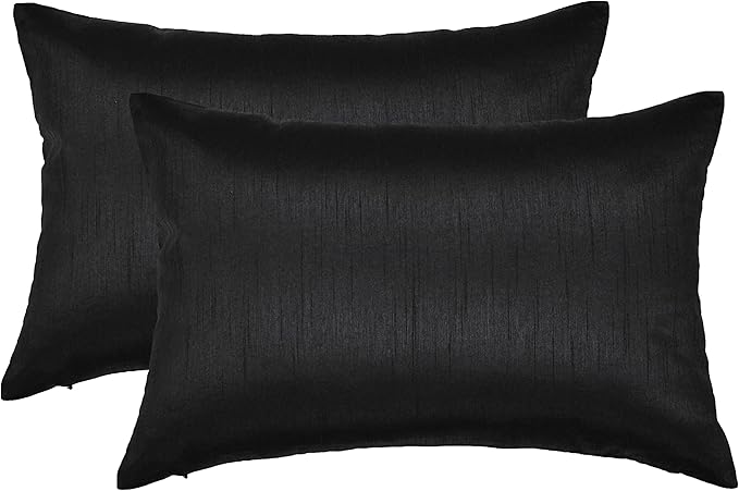 Aiking Home 12x18 Inches Faux Silk Rectangular Throw Pillow Cover, Zipper Closure, Black (Set of 2)