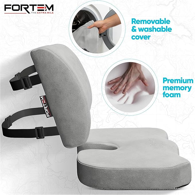 FORTEM Seat Cushion, Office Chair Cushion, Lumbar Support Pillow for Office Chair, Memory Foam Sciatica Coccyx Tailbone Pressure Pain Relief, Car Sitting Pad, Washable Non Slip