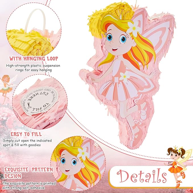 Lewtemi 4 Pcs Fairy Princess Piñata Set 15.7 x 12.5 x 3" Pink Piñata with Stick Blindfold Colorful Confetti, Small Piñata for Girl Princess Theme Birthday Party Supplies, Baby Shower, Kid Piñata Party