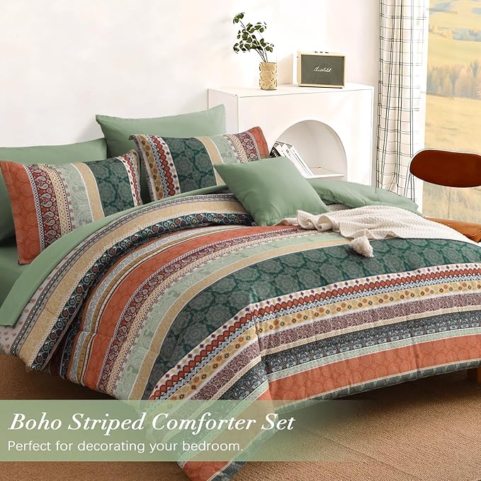 Cottolester Boho Comforter Set King Size,8 Pieces Sage Green and Orange Bohemian Striped Bed in a Bag,Paisley Soft Microfiber Bedding Comforter Set