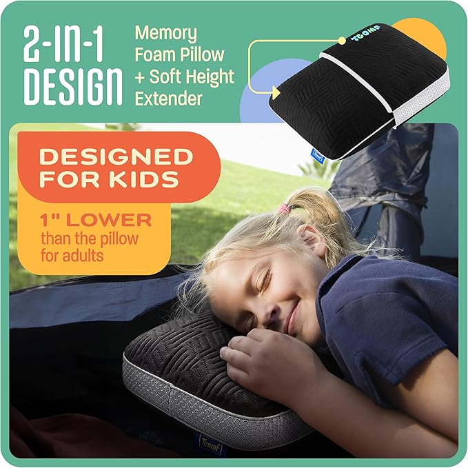 TCOMF Kids Camping Pillow: Dual-Cover Memory Foam Small Pillow; Medium-Firm Camp Pillow | Mini Pillow w/ 5 Layers for Comfort and Support; Small Travel Pillow/Compact Pillow 10x16 Inches (Black)