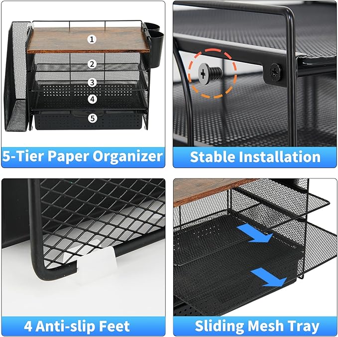 OPNICE Desk Organizer, 5-Tier Paper File Organizer with Drawer & Pen Holder, Office Desk Accessories, Workspace Desktop Organizer for Office Supplies(Brown Wood)
