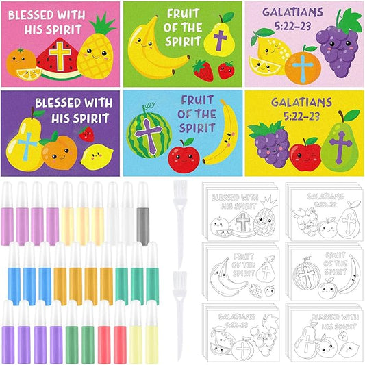 30 Sets Fruit of The Spirit Sand Art Kits for Kids DIY Sunday School Craft Sand Painting Cards Set for Children DIY Arts Religious Fruit of The Spirit Theme Classroom Home Party Supplies